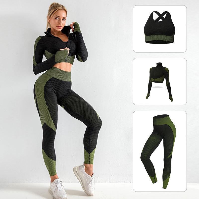 Costum de yoga din tricot fără cusături pentru femei: Set de toamnă/iarnă din 3 piese cu ridicare de șold pentru fitness și alergare