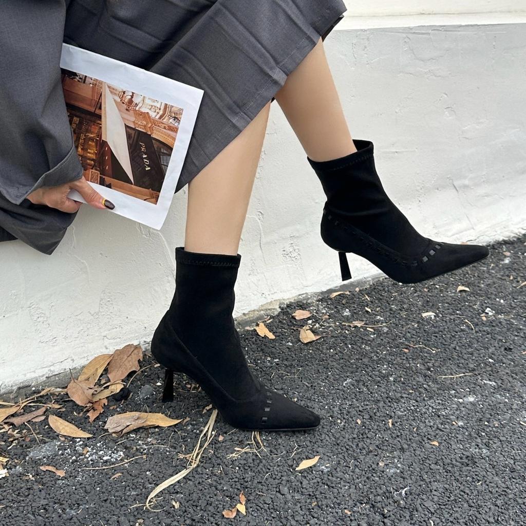 2025 autumn and winter new pointed thin high heel thin low tube Martin fashion women's short boots suede weaving