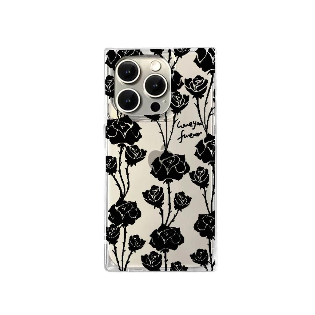 Transparent Square Back Tube Case Casing Protection For iPhone 13 15 Plus 11 12 16 ProMax 14 Pro Max Anti-Oxygen,Bramble Rose Pattern