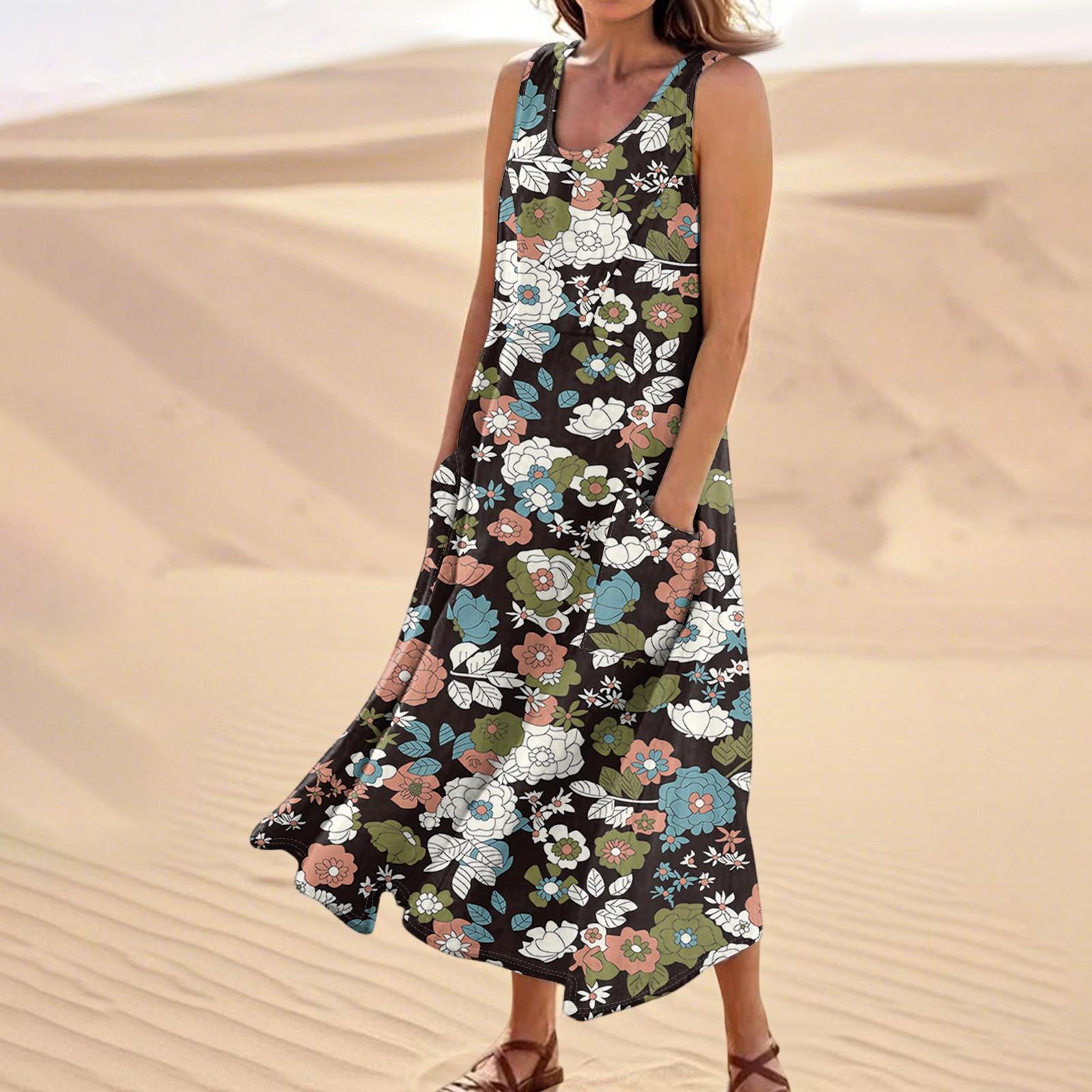 

Women s Summer Casual Fashion Flower Printed Sleeveless Pocket Dress XXL коричневий