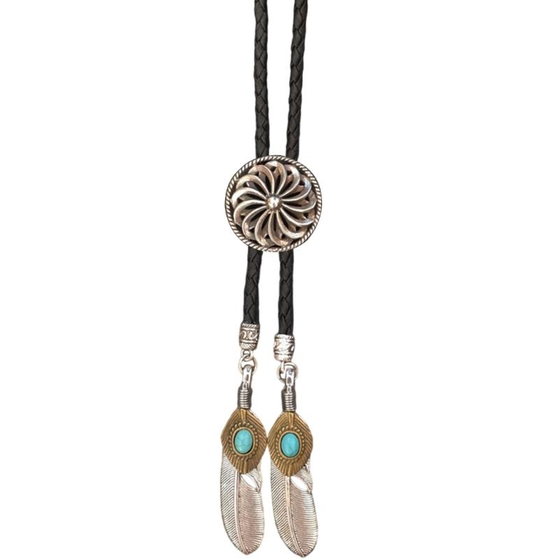 

Men Women Faux Leather Bolo Tie Necktie Necklace Antique Carving Flower Feathered Pendant Jewelry Shirt Collar Chain