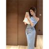 Swinging Collar Slanted Shoulder Open Shoulder Temperament Medium and Long Irregular Waist Temperament Hip-wrapped Pleated Dress Clothing Summer