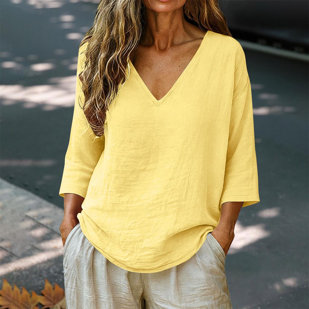 Women's Relaxed Fit V Neck Linen Cotton Three Quarter Sleeve Casual Blouse Top for Everyday Wear and Comfort
