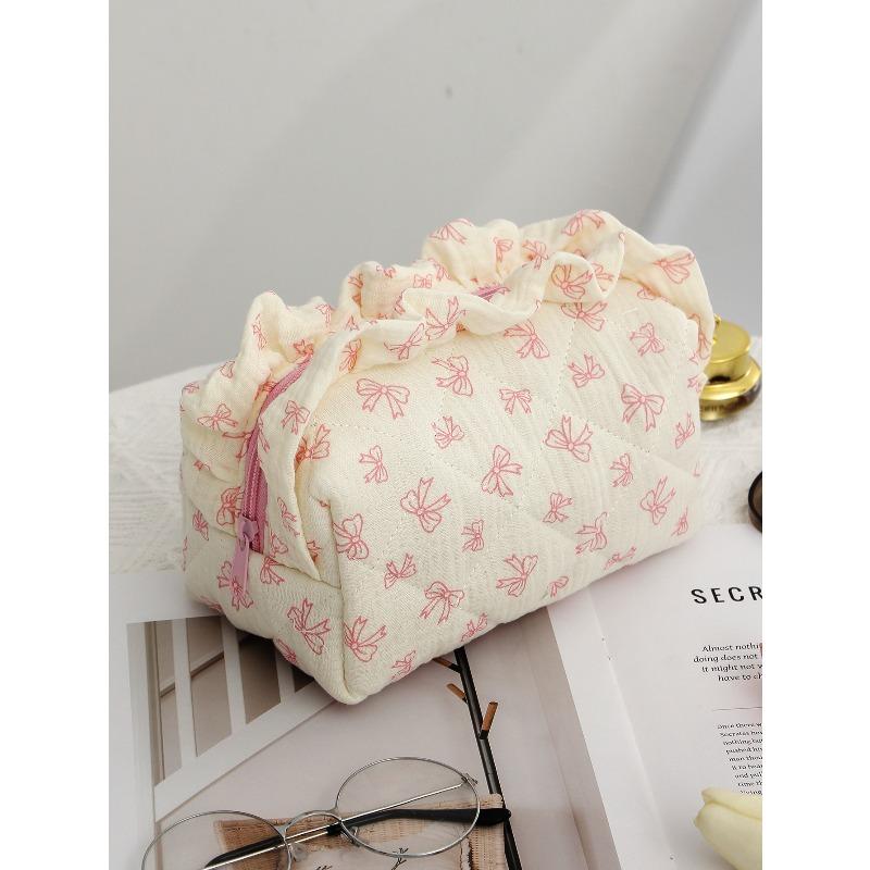 Ruffled Edge Bowknot Floral Print Makeup Bag Large Capacity Quilting Pen Bag Women Cosmetic Storage Bag Travel Wash Bags Clutch
