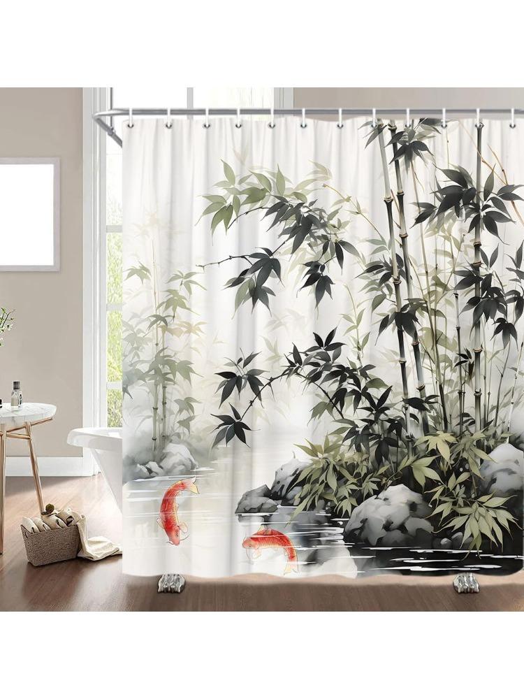 Бамбуковая Штора для Душа Азиатский Стиль Зеленое Растение Ретро Китайская Тушь Листья Красная Золотая Рыбка Мох Камень Спа Природный Пейзаж 90x180CM