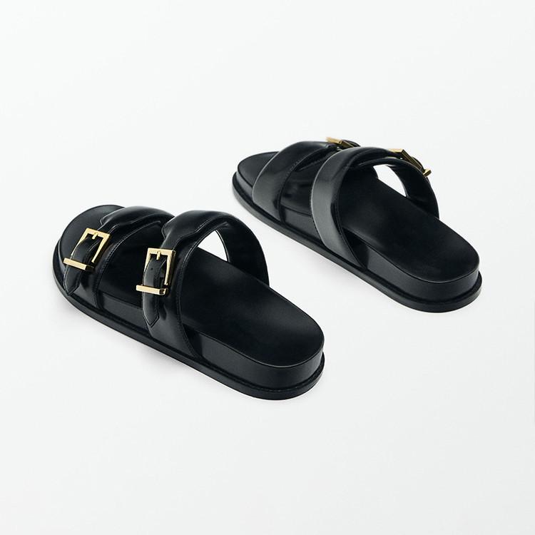 Fashion 2024 Black Flat Slippers For Woman Summer Women Fashion Buckle Strap Slipper New Casual Chic Indoor Flatform Sandals Shoes