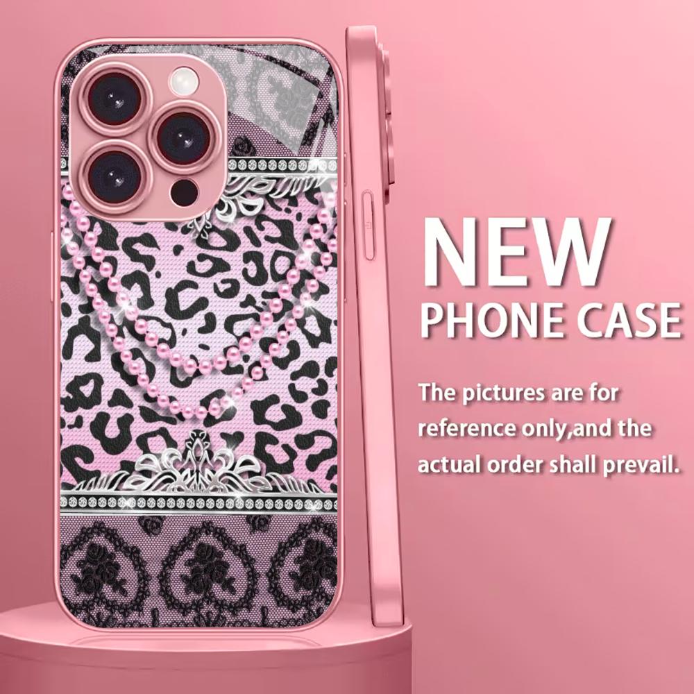 Luxury Pink Leopard Print phone case mobile phones for iphone 17 pro max cover Glass for iPhone 17 16 15 14 13 12 11pm Pro Plus