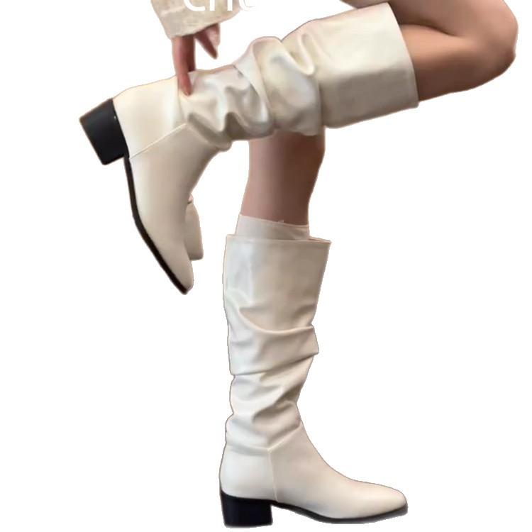 Blue Cabinet Edition~ French White Pleated Pile Boots Women's British Style Thick Heel Boots Temperament But Knee Knight Boots