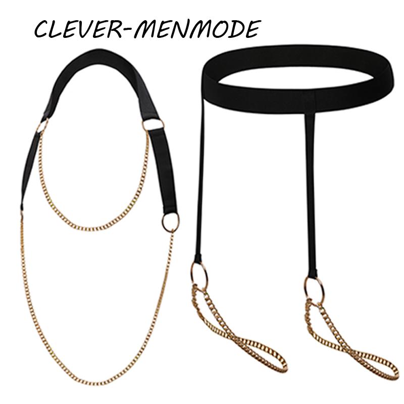 Men's Sexy Metal Halterneckchest Strap Harness Thong Set Open Chest Crop Top Strap-On Suspender Lingerie Adult Rave Accessories