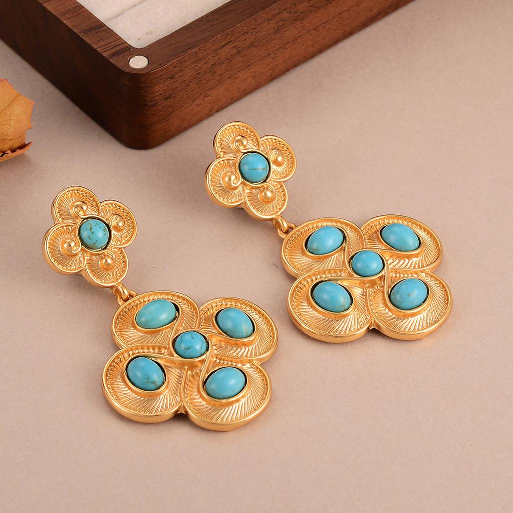 Medieval vintage earrings turquoise exaggerated flower fringed earrings court style thin personality stud earrings