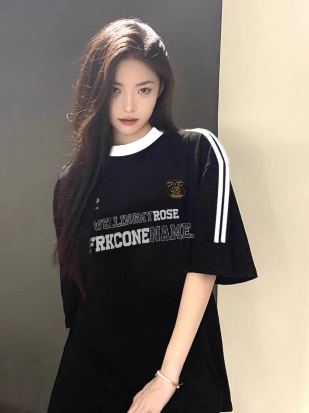 

Pure cotton American three-bar black short-sleeved t-shirt for men and women spring and summer loose large size couple design top tide M
