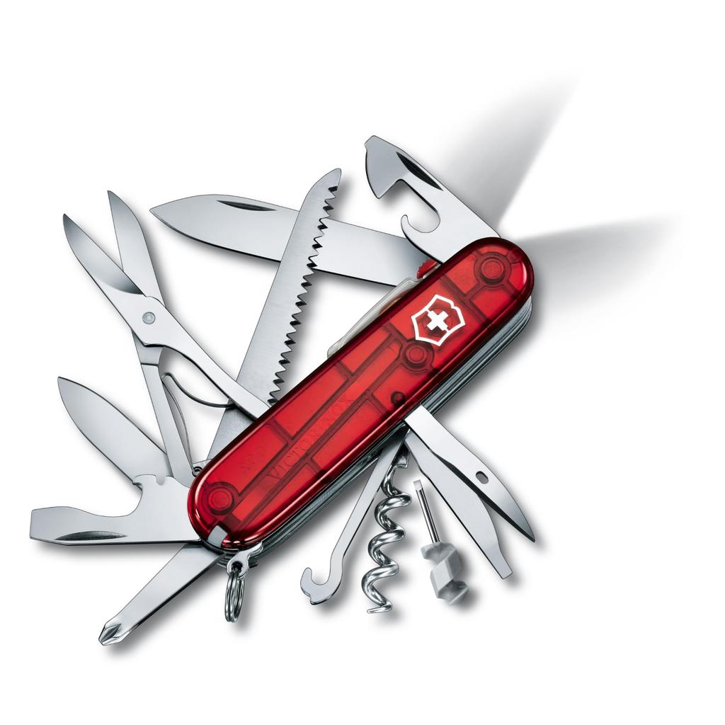 VICTORINOX Huntsman Lite Translucent Red Swiss Army Knife Emergency with Scissors and Saw 21 - Multifunctional, Preparedness, Hiking, Camping, -