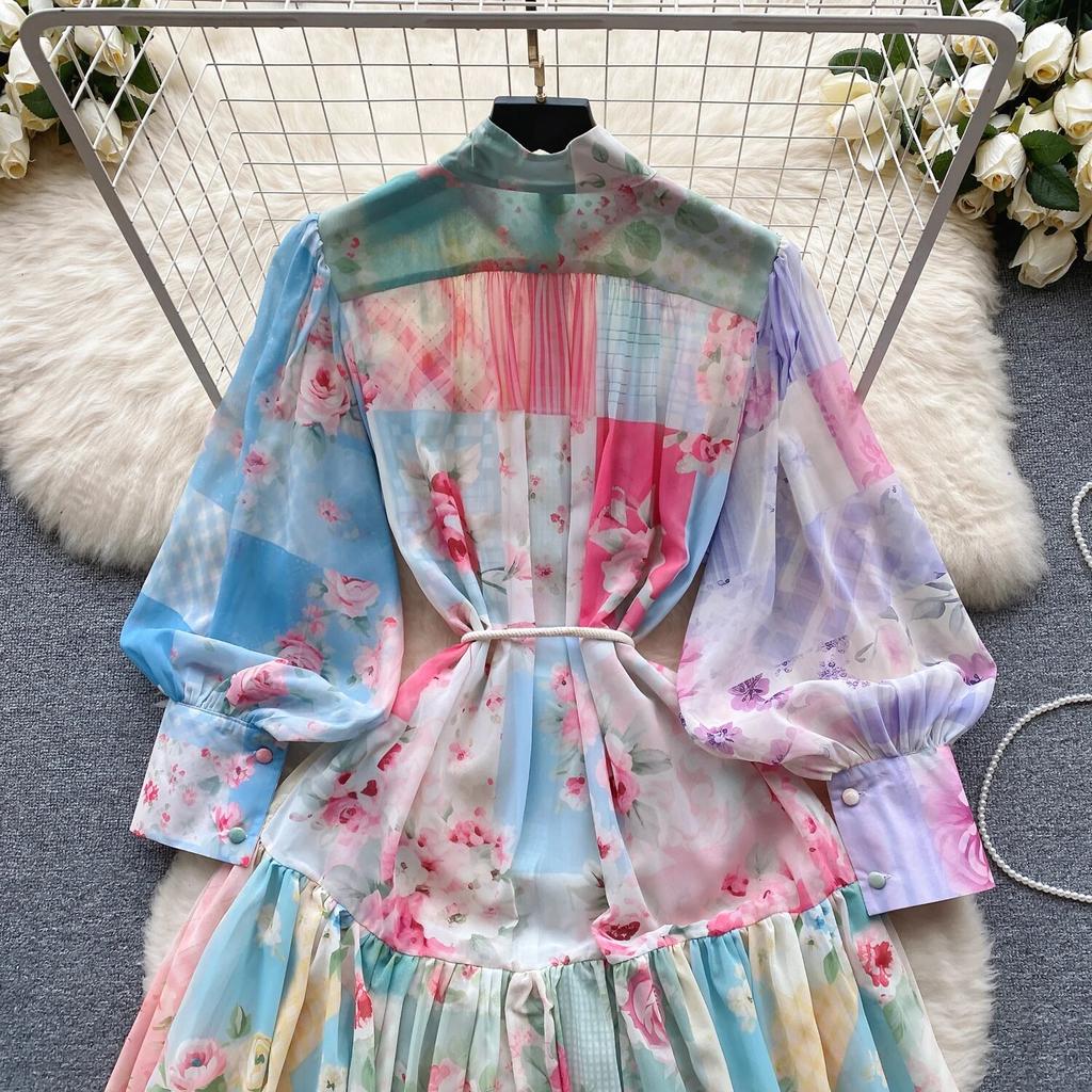 2024 Spring New French sle Puff sleeve Breasted Waist Hugging Slimming Temperament Long Print Formal Dress Chiffon Dress