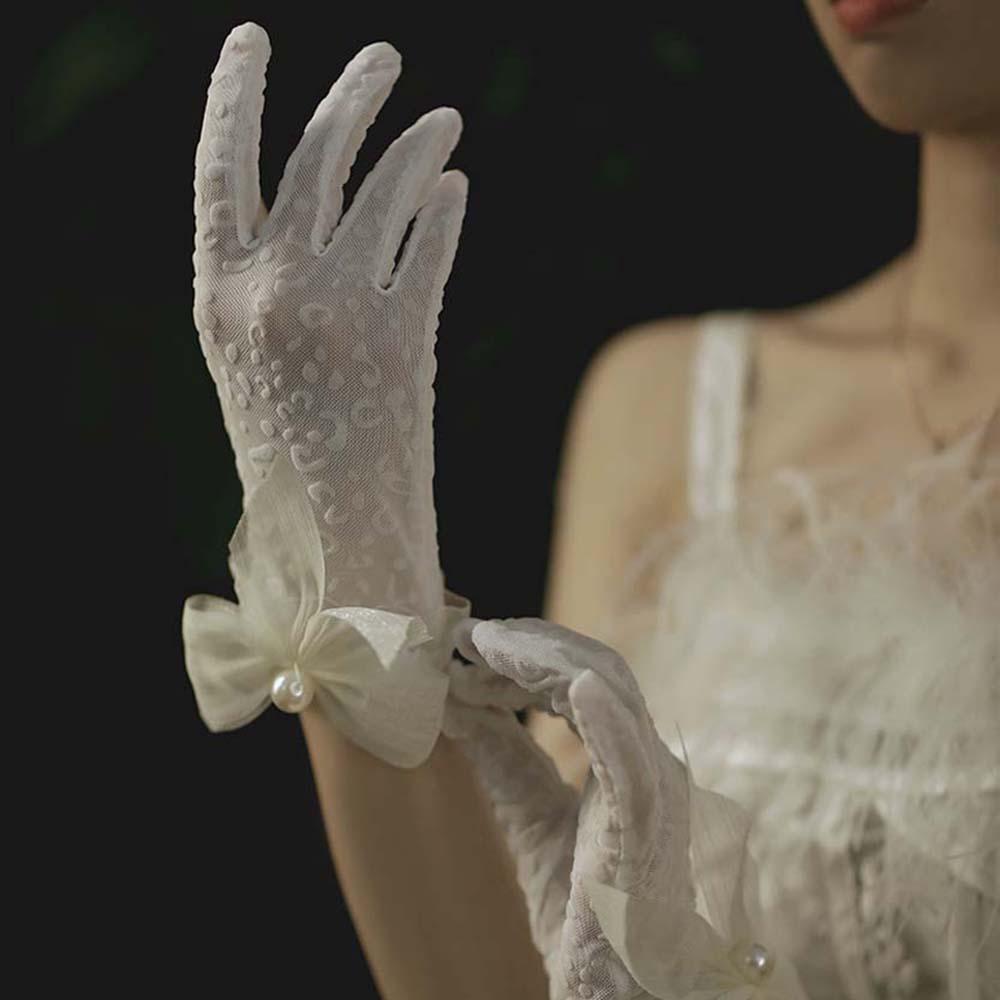 Flexible Accessories Pearls Women Wedding Lace Bow Gloves White Gloves Ruffle Bridal Mittens