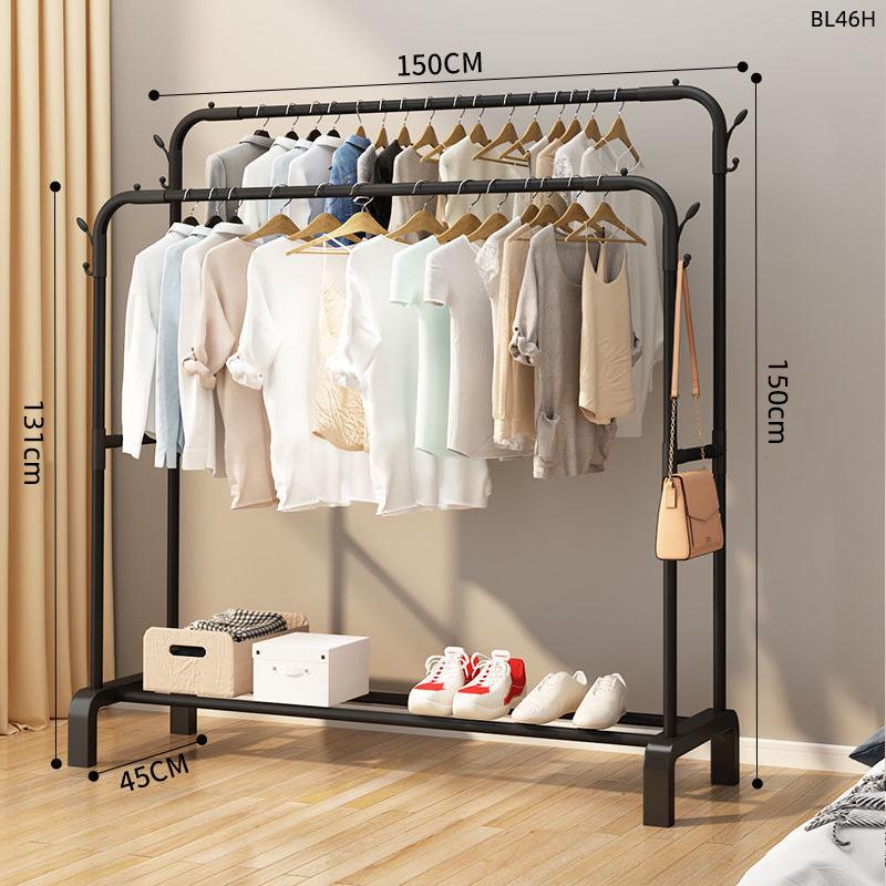 Minimalist Indoor Floor-Standing Coat Rack with Double Pole and Shelf for Bedroom or Balcony