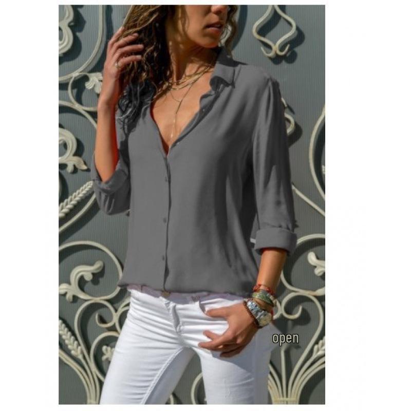 Women s Long Sleeve Deep V Button Chiffon Blouse 3XL серый
