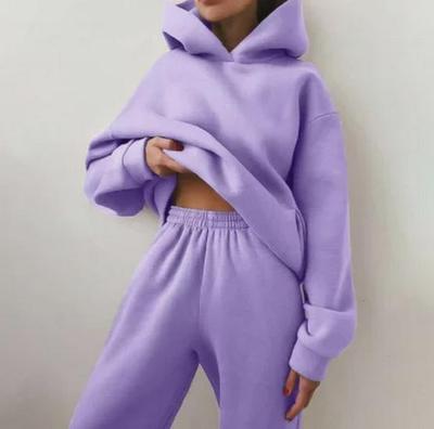 "2022 Vår & Höst Mode Casual Hoodie Tvådelat Set": Fleece-dräkt med lång ärm i enfärgat"
