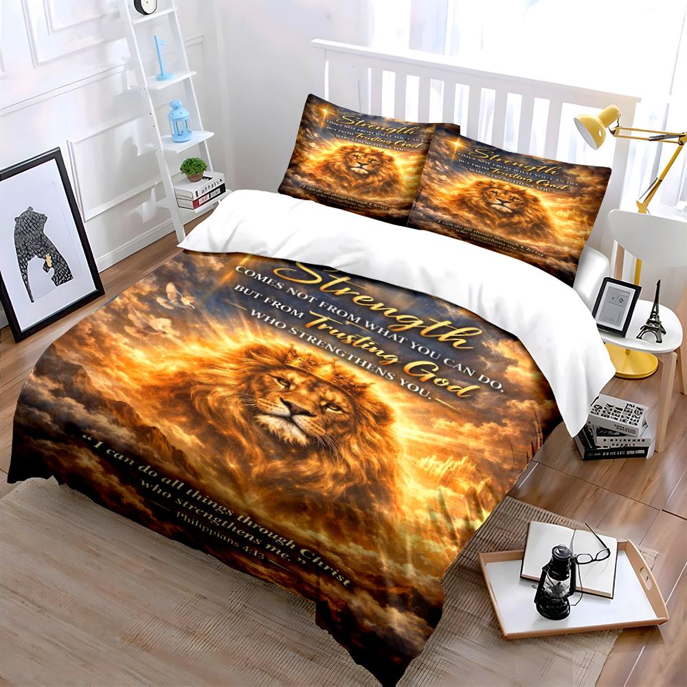 Lion and Bible Verse Bedding Set Design Bedding Set (1 Duvet Cover, 2 Pillowcases, Duvet Not Included)