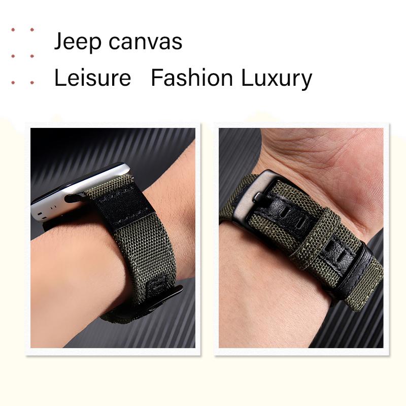 Watchband Strap For Apple watch band 44mm 45mm 41mm 40mm Jeep Canvas Nylon+Leather Bracelet iwatch Series 3 4 5 6 SE 7 8 Ultra 49mm Band