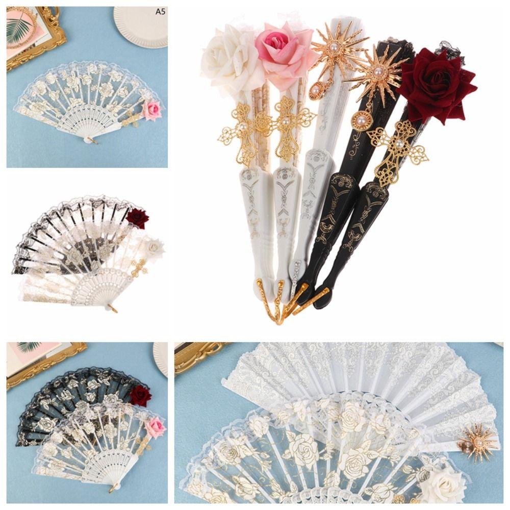 Home Decoration Photography Prop Folding Fan Dance Hand Fan Lace Rose Folding Fan Lolita Lace Fan