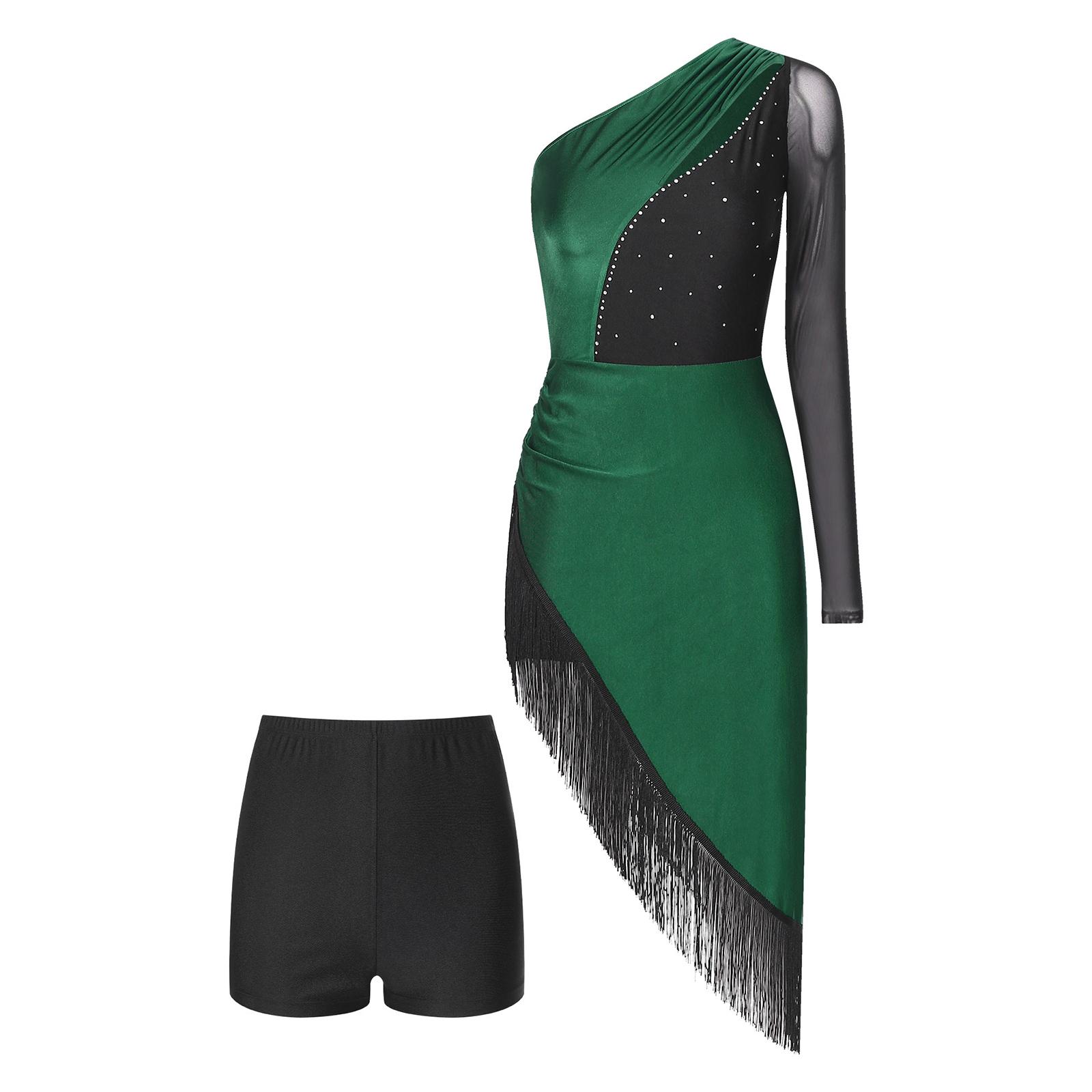 

Женский сверкающий бальный наряд, асимметричное платье с бахромой и соответствующие шорты, блестящие стразы для танцевальных соревнований S зелёный