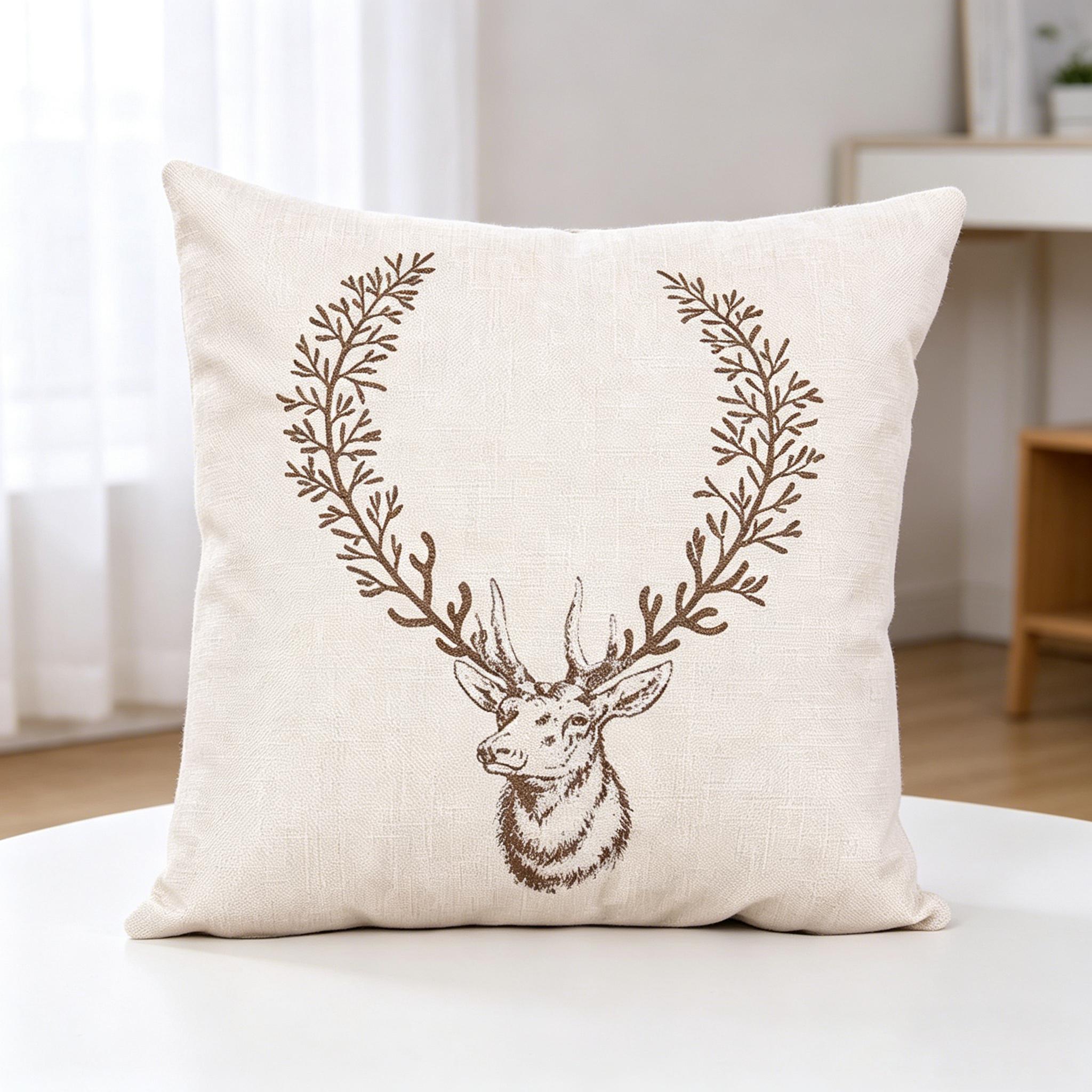 Vintage Deer Antler Throw Pillow Cover, Linen Forest Animal Cushion Cover for Rustic Home Decor 45x45cm