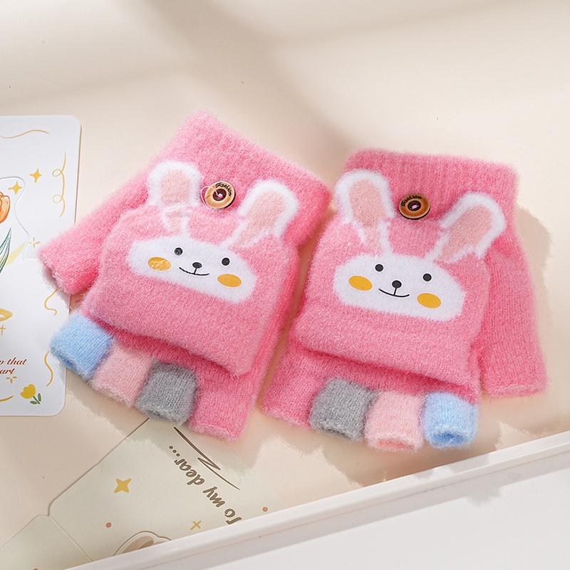 

Winter Warm Kids Flip Cover Five Finger Goves Cartoon Bunny Children Knit Mitten Primary School Students Writing Gloves 4-12Year A1