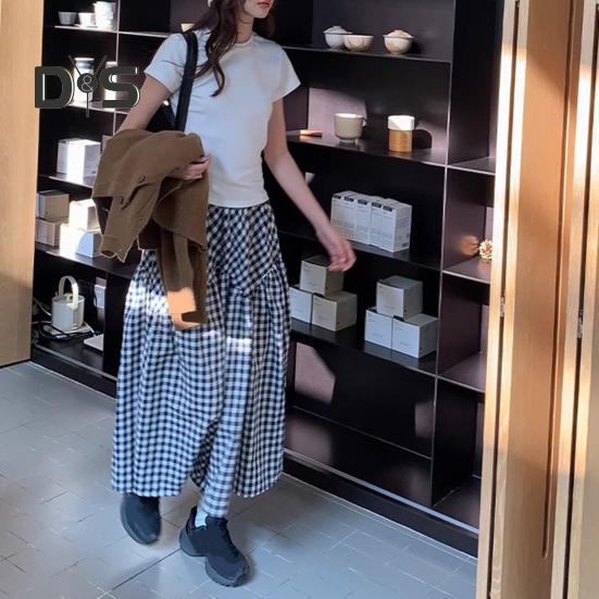 Women Midi Skirt Plaid Print Stitching Design A-Line Skirt Elastic High Waist Retro Style Swing Skirt Daily Wear