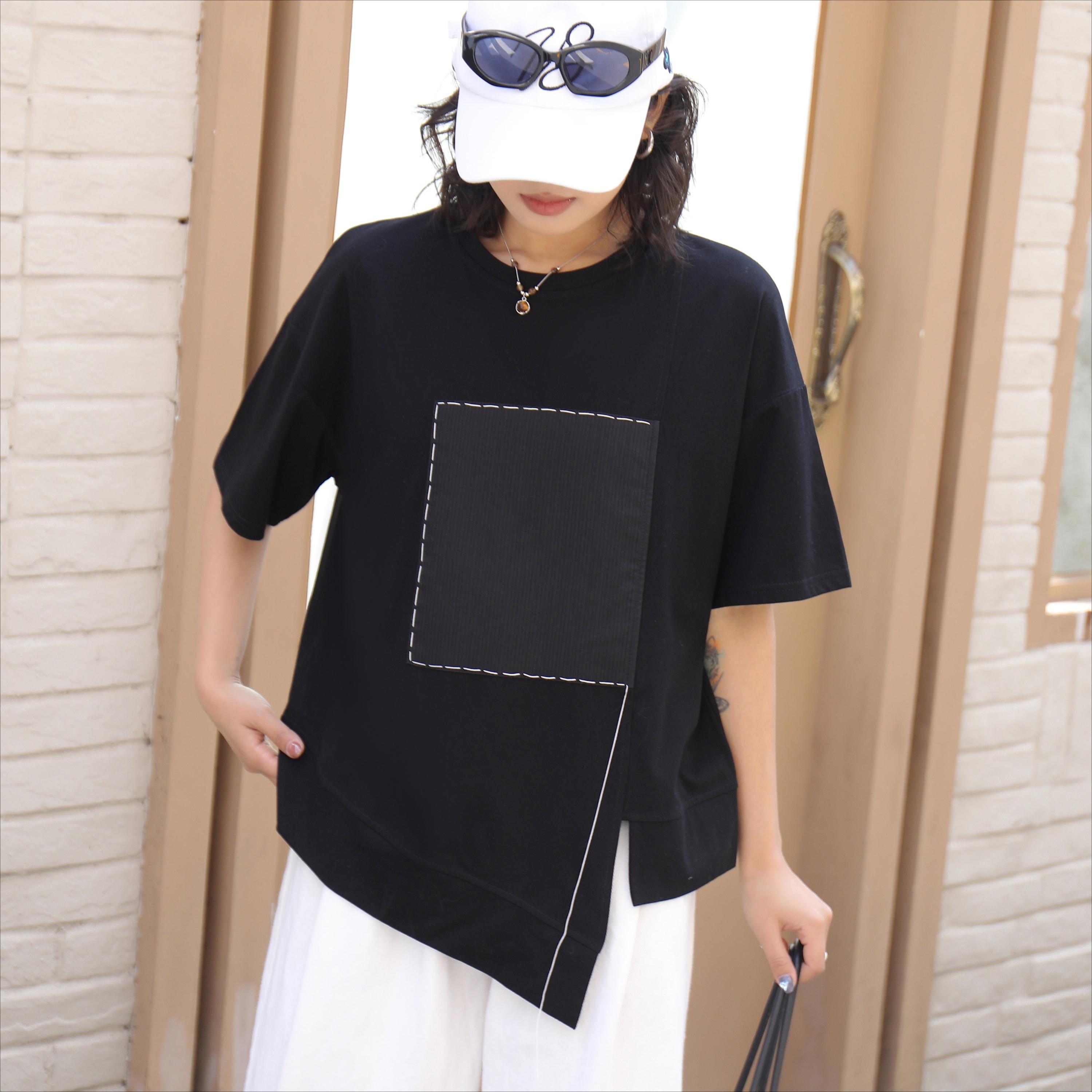 

DIMANAF 2025 Летняя футболка с карманом Женская с принтом Асимметричная с коротким рукавом Свободная Белая Черная One Size