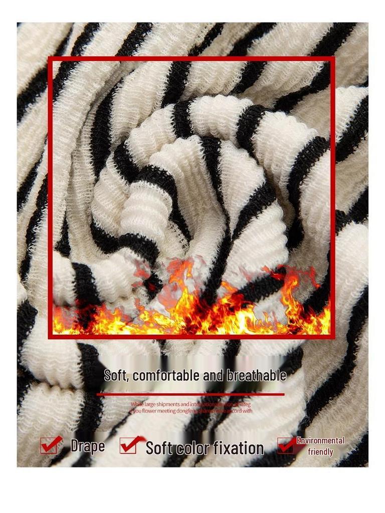 Lazy Style Black & White Striped Fleece-Lined Wide-Leg Pants: Petite-Figure Flattering, Autumn/Winter Casual Floor-Length Design