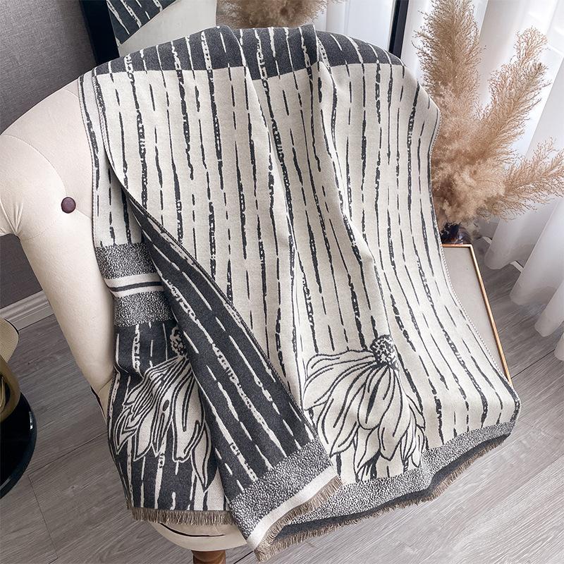 Korean Version Striped Simple Style Double-Sided Imitation Cashmere Scarf Winter High-End Temperament Women'S Warm Shawl