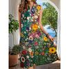 Robe sans manches à col fendu et imprimé floral pour femme, Robe midi décontractée coupe ample avec motifs floraux vibrants pour les vacances d'été à la plage et le quotidien
