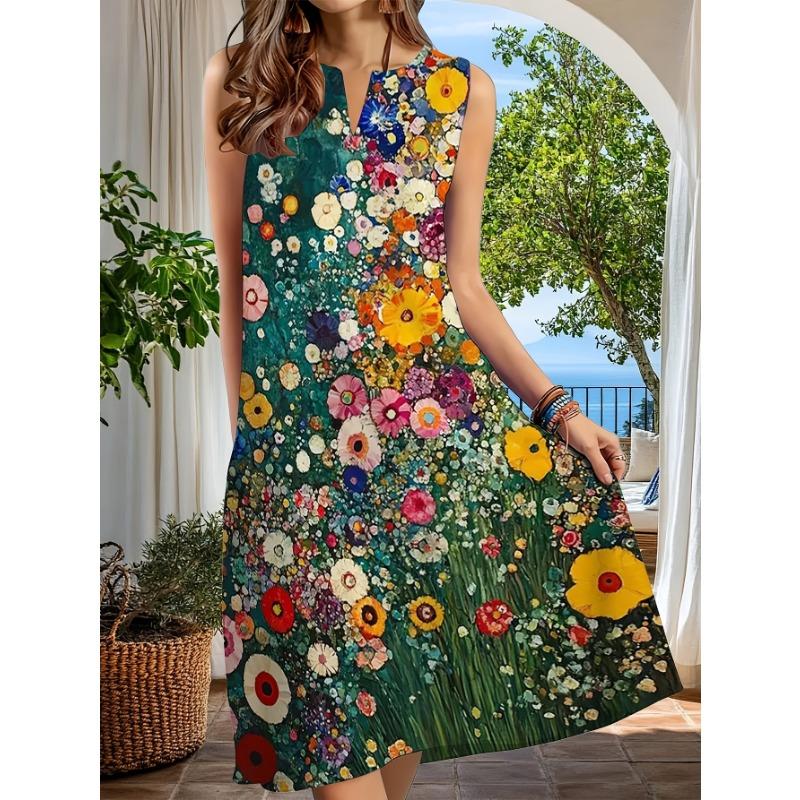 Robe sans manches à col fendu et imprimé floral pour femme, Robe midi décontractée coupe ample avec motifs floraux vibrants pour les vacances d'été à la plage et le quotidien