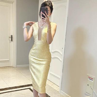 Silk Luxury Low-Cut Mesh Bandage Dress with Gold Waist for Evening Party