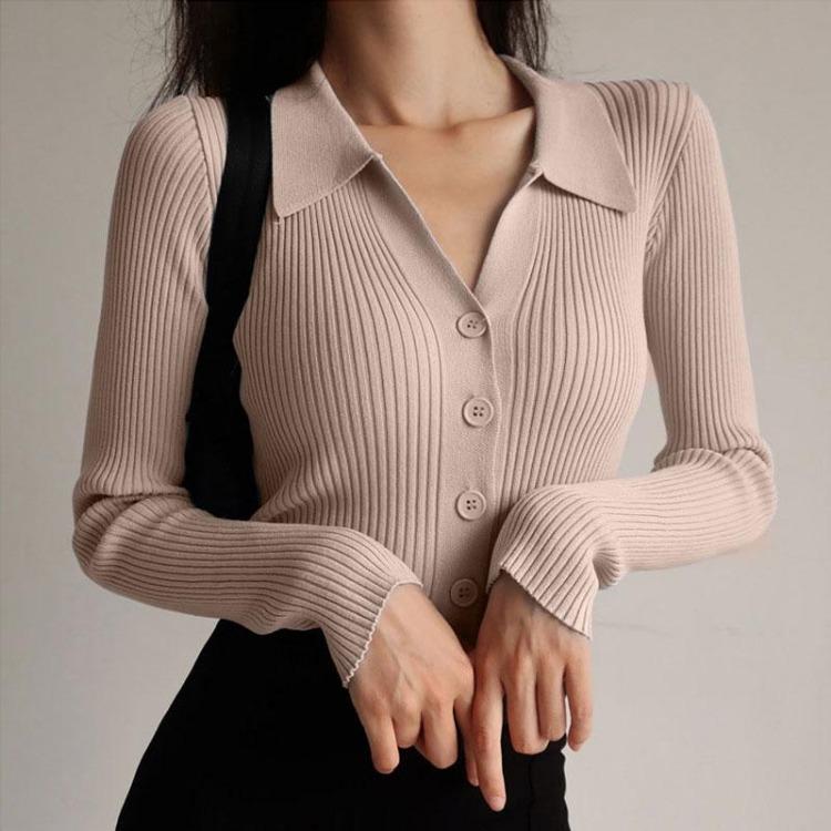 Women Solid Color Turn Down Collar Long Sleeve Hollow Buttons Knitted Pullovers Sweaters One Size Tops Spring Autumn
