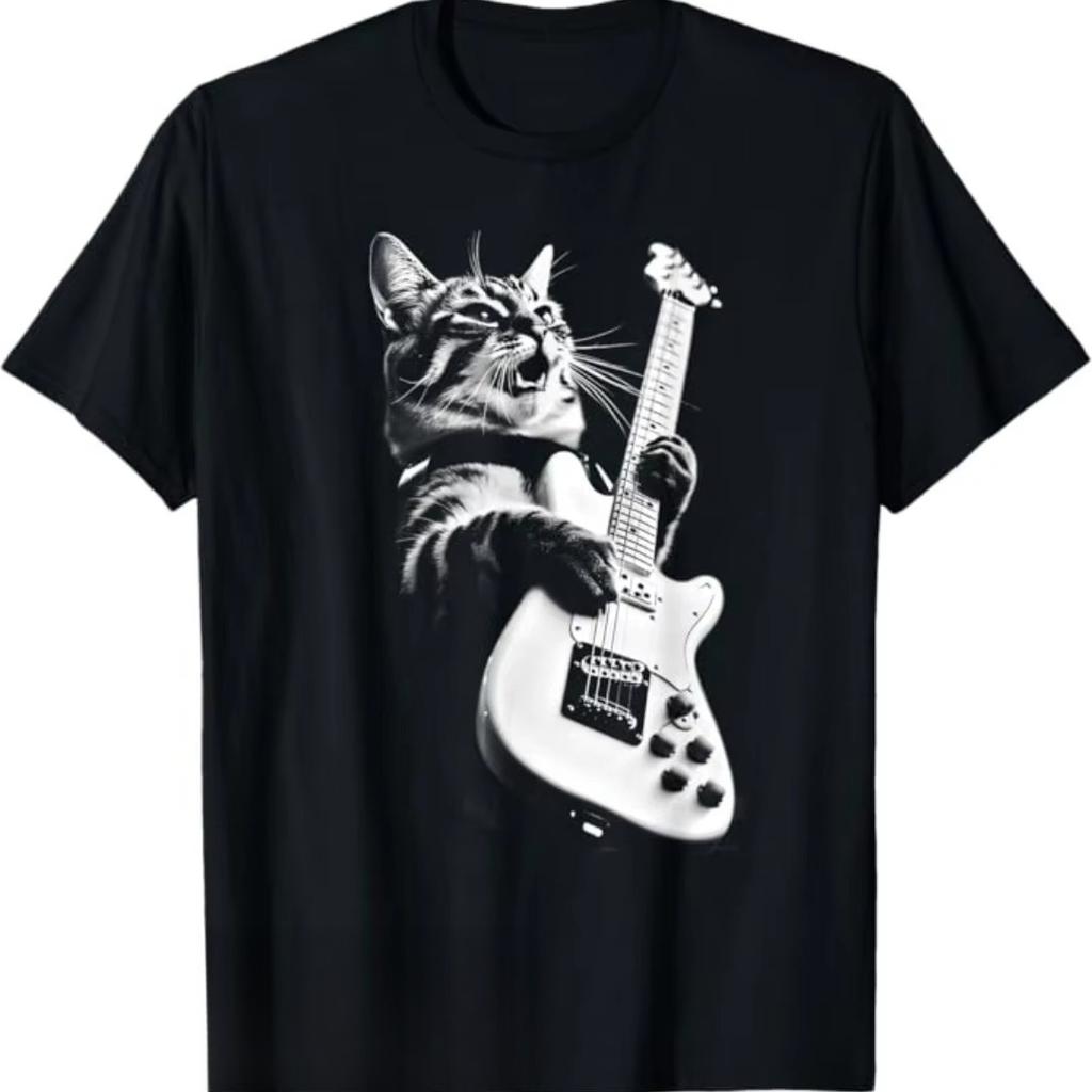 Autumn New American Men's and Women's Rock Guitar Cat Printed T-shirt Pure Cotton Round Neck Comfortable High Quality T-shirt