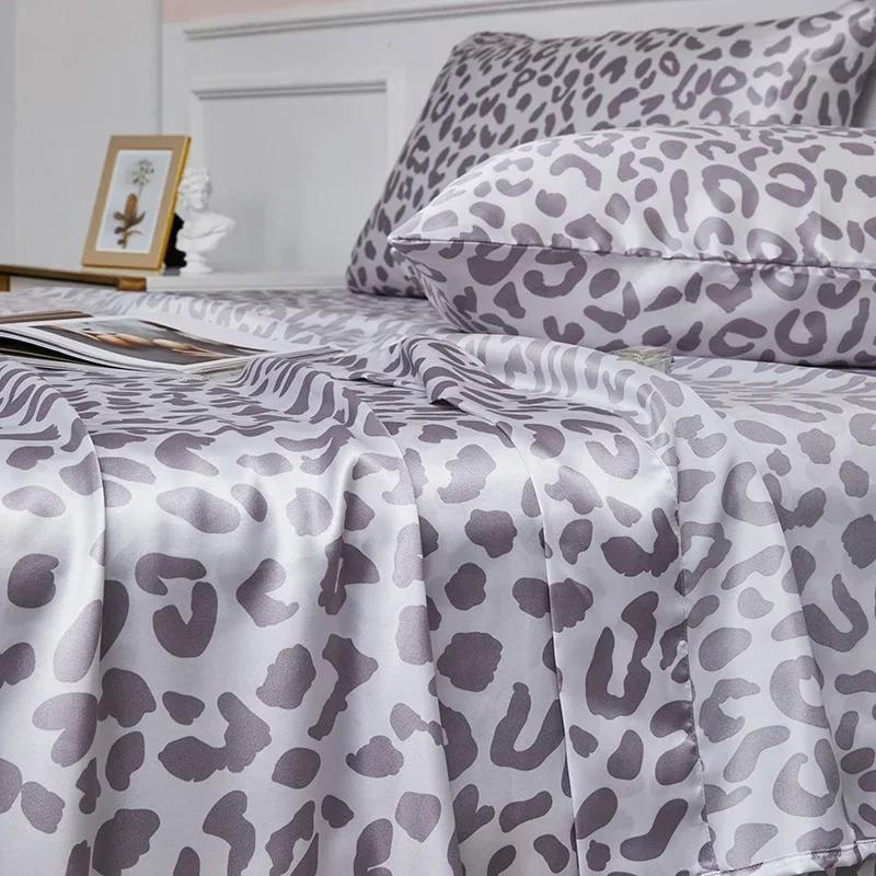 Leopard Print Fitted Sheet Set Queen High-end Satin Fabric Fitted Sheet Flat Sheet Pillowcase Bed Sheets Set King Bedsheet Sets