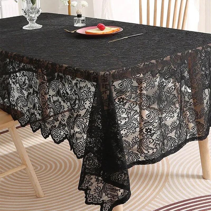 1pc Black Lace Tablecloth with Phoenix Tail Flower Embroidery for A Wedding, Suitable for Outdoor Parties and Home Decoration