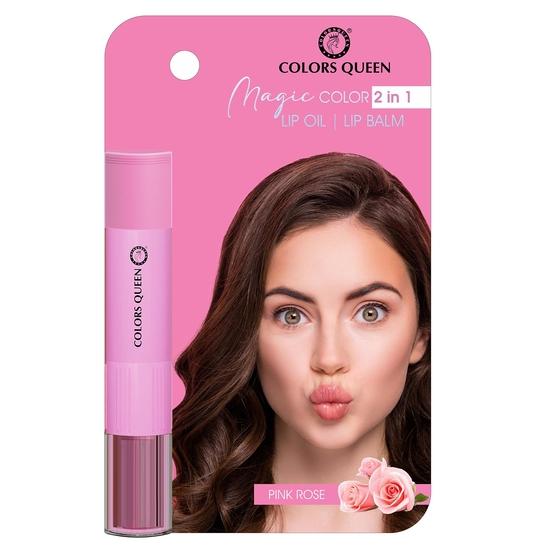 Colors Queen Magic Color 2 in 1 Lip Balm and Lip Oil Pink Rose with Shea Butter Vitamin E for Soft Hydrated Lips