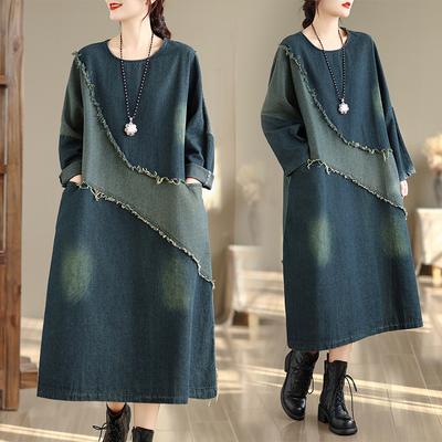 DIMANAF 2025 Damen Übergröße Jeanskleid Vintage Lady Baumwolle Locker Lässige Kleider Maxi Langes Kleid Blau