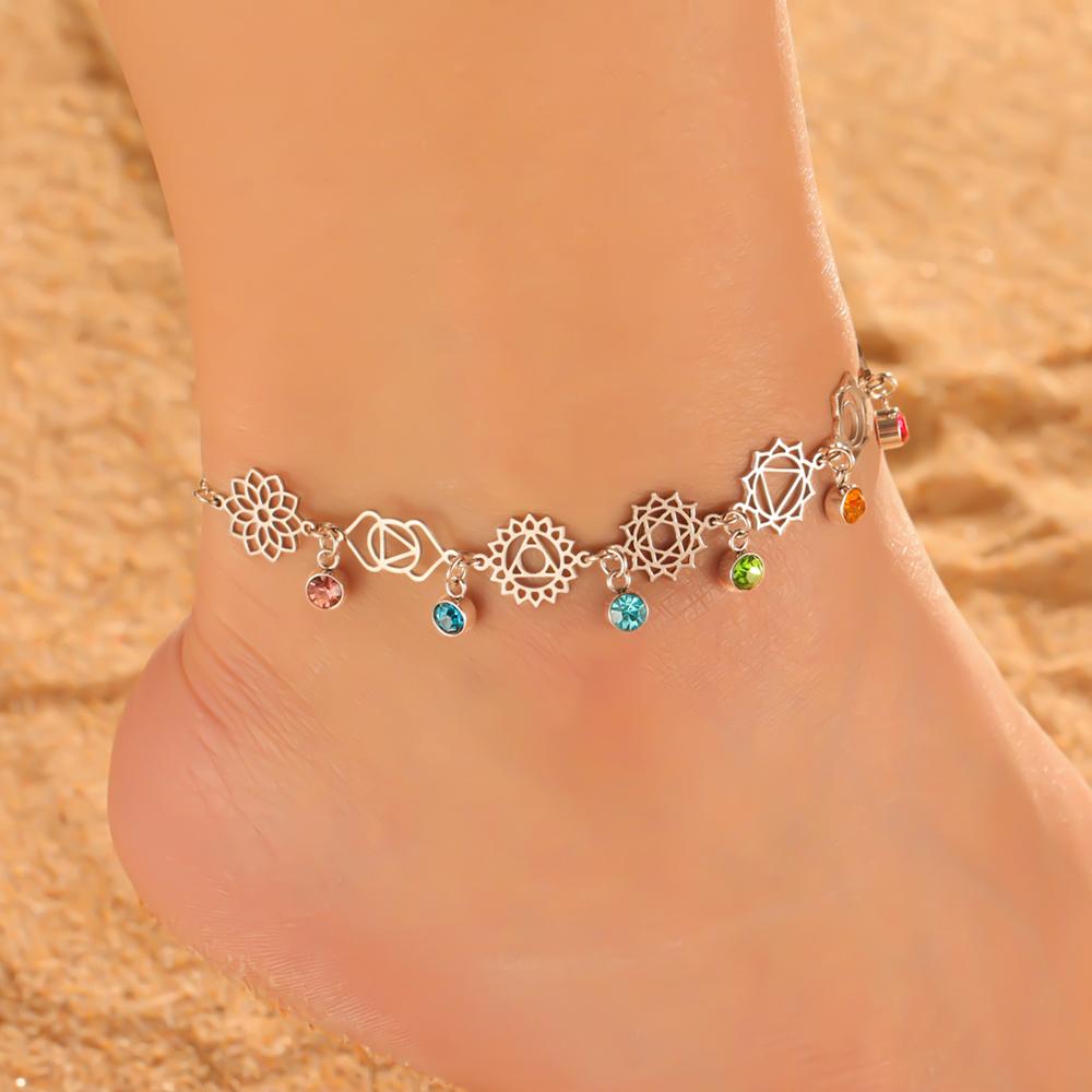 7 Chakra Colorful Zircon Anklet Women Stainless Steel Gold Leg Ankle Bracelet Amulet Meditation Yoga Jewelry Gift