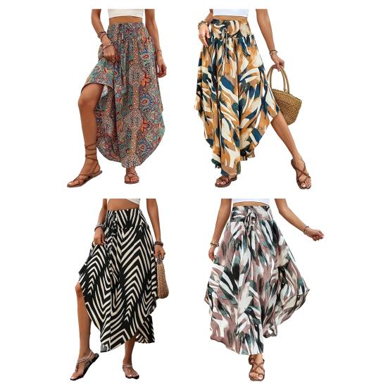 Boho Style Maxi Skirt Adjustable Drawstring High-Waisted Printing Skirt Flowy Large Hem A-Line Skirt Daily Wear