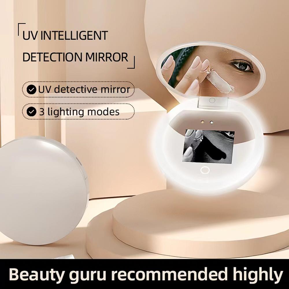 Sunscreen UV Mirror with UV Camera for Sunscreen Test LED Fill Light 3 Light Mode Travel Makeup Mirror Handheld Make Up Mirror