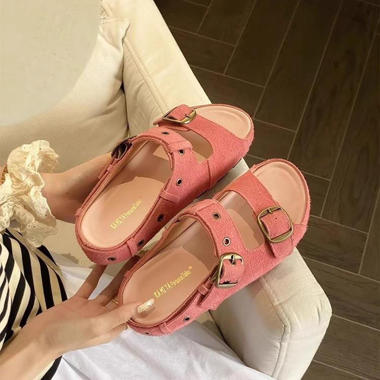 Cowhide Version Retro Niche Belt Buckle Thick-soled One-word Slippers Women Wear Versatile Beach Cool Slippers