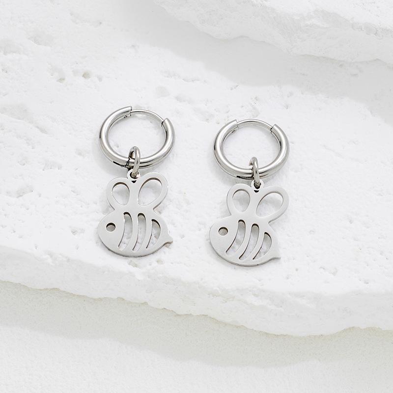 New Arrival Stainless Steel Hoop Earrings with Cute Little Bee Pendant стальной