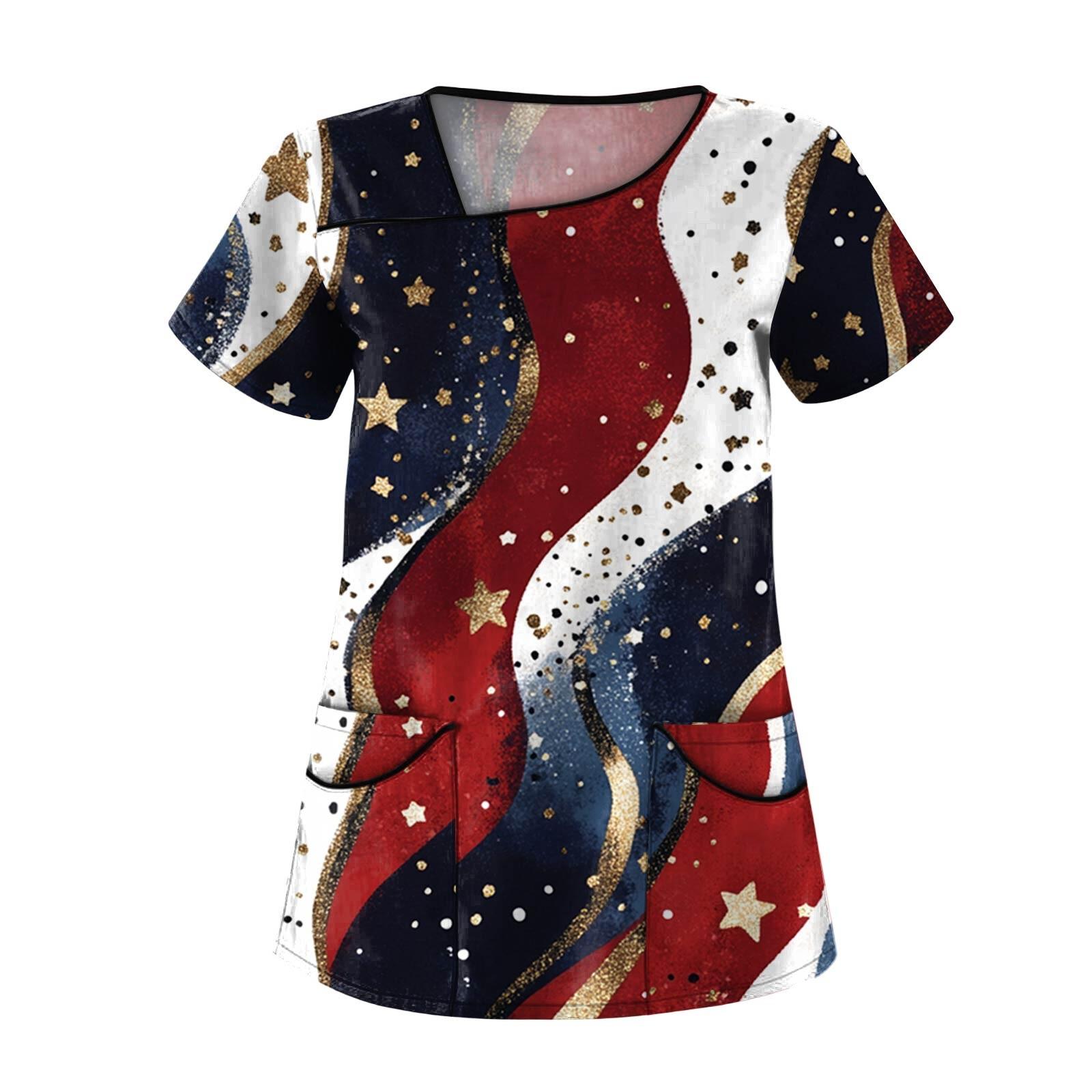 

Женская модная рабочая одежда с короткими рукавами с принтом и верхом с двойными карманами XXXXL красный