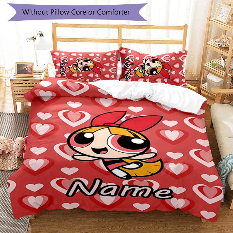 3pcs The Powerpuff Girls4 Cover Set - Personalized Name, HD Printed Bedding with 1 Cover and 2 Pillowcases - Perfect for Home Decor, Easy Care