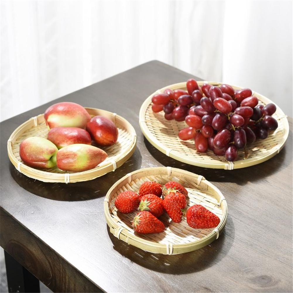 Bamboo Woven Basket Tray Flat Wicker Round Fruit Basket Woven Food Storage Shallow Tray Decorative Serving Tray for Home Kitchen