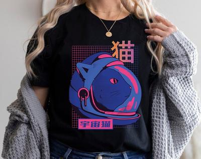 Space Cat Shirt, Japanese Aesthetic Shirt, Anime Shirt, Vaporwave Grunge 90's Style Unisex Tshirt