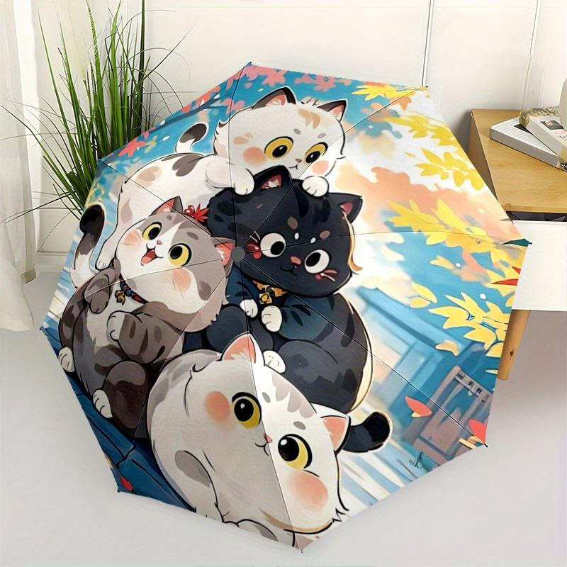 

1pc Four Cute Lucky Cats Fully Automatic Folding Portable Umbrella, 8 Iron Frames, Three-Fold Design, Suitable for All Seasons, Suitable for Outdoor U